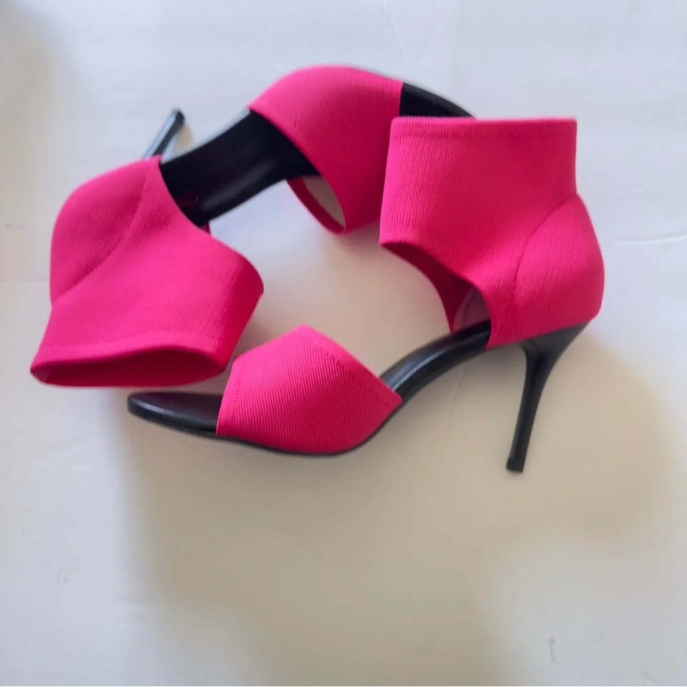 👉 Women’s Hot Pink Peep Toe Stiletto Heel Sandals – Stretch Knit Slip-On